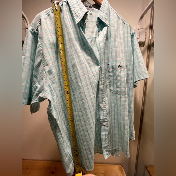 LACOSTE short sleeve blue plaid button up shirt, men’s medium 💯 cotton - Picture 10 of 12